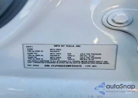 2021 Tesla Model Y из США, поврежденный, VIN 5YJYGDEE5MF224415